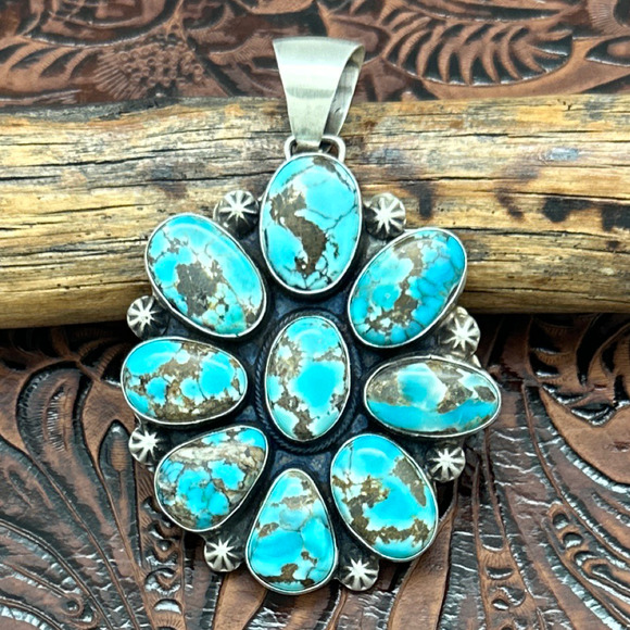 BOBBY JOHNSON Navajo Sterling & Dark Lone Mountain Turquoise Cluster Pendant - Picture 1 of 3